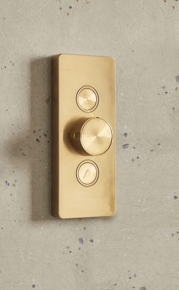 Event Click Brushed Brass Dual Function Valve Handset Lifestyle slide image Event Click Brushed Brass Dual Function Valve Handset Lifestyle slide image