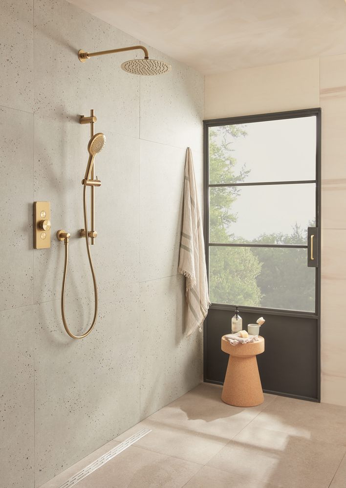 Event Click Brushed Brass Dual Function Valve With Riser Rail Head Lifestyle slide image Event Click Brushed Brass Dual Function Valve With Riser Rail Head Lifestyle slide image