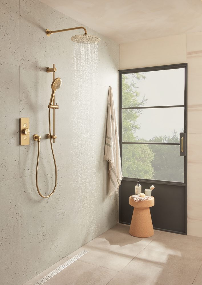 Event Click Brushed Brass Dual Function Valve With Riser Rail Head Water On Lifestyle slide image