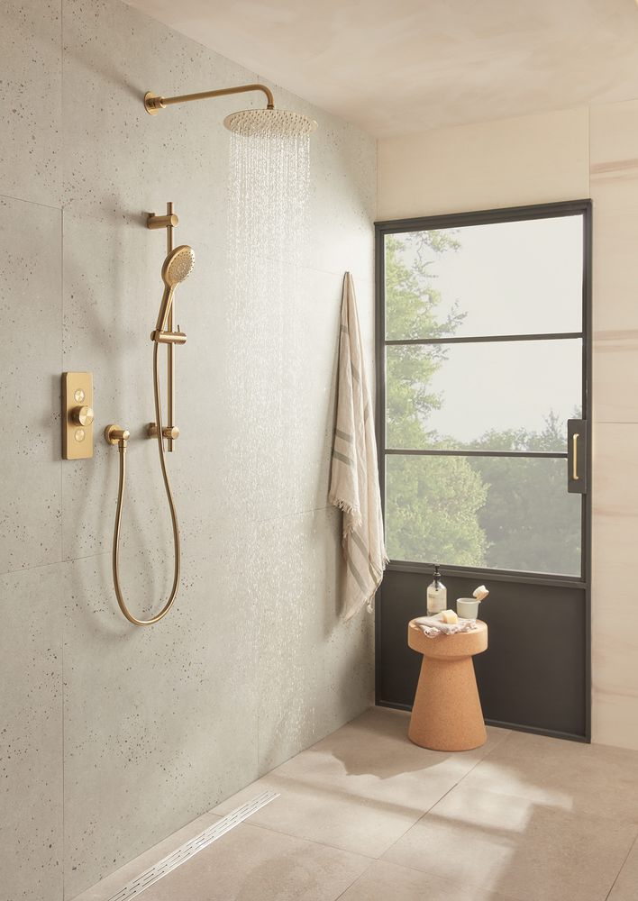Event Click Brushed Brass Dual Function Valve With Riser Rail Head Water On Lifestyle slide image Event Click Brushed Brass Dual Function Valve With Riser Rail Head Water On Lifestyle slide image