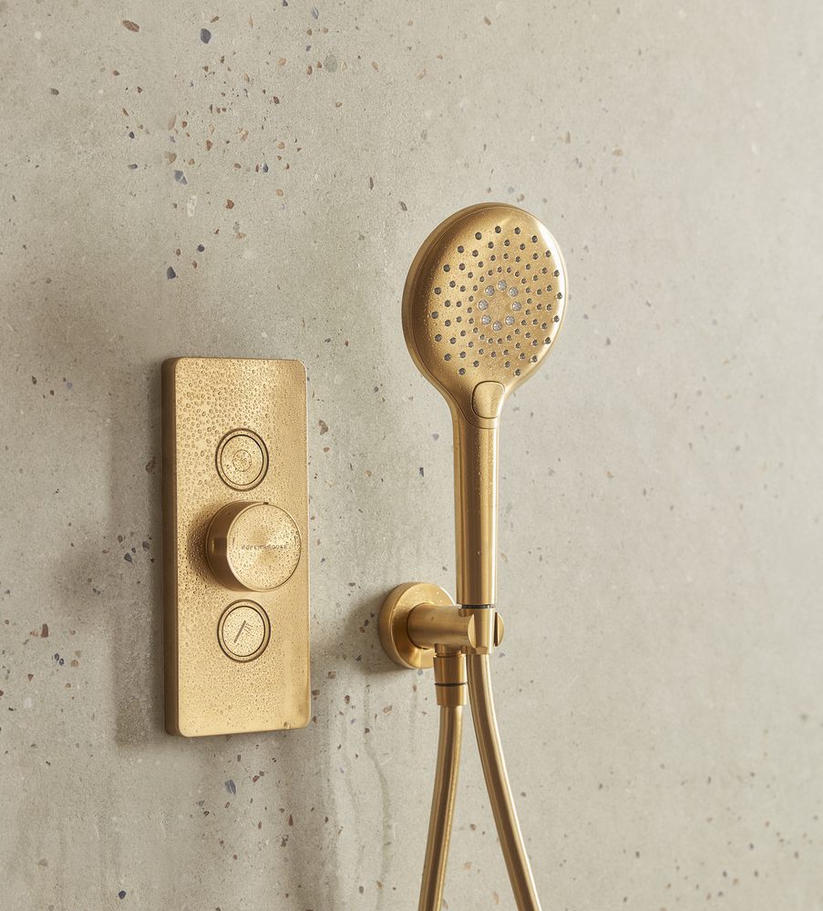 Event Click Brushed Brass Dual Function Valve With Water Handset Lifestyle slide image Event Click Brushed Brass Dual Function Valve With Water Handset Lifestyle slide image