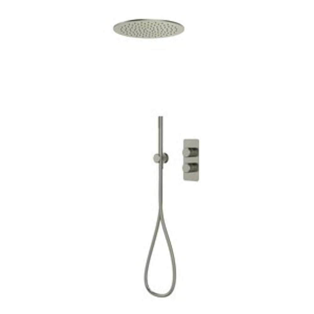 Faber Dual Function Shower System with Handset and Ceiling Head Brushed Nickel 1102407 slide image Faber Dual Function Shower System with Handset and Ceiling Head Brushed Nickel 1102407 slide image