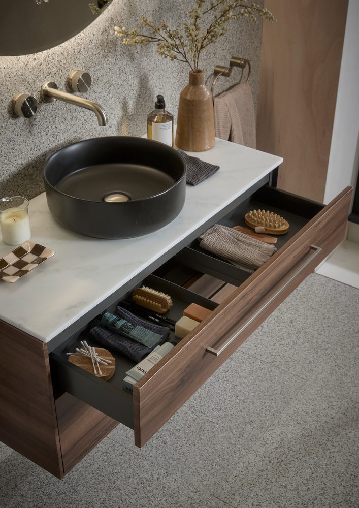 Faber 1000 Wall Mounted Tuscan Walnut Open Drawer Detail slide image Faber 1000 Wall Mounted Tuscan Walnut Open Drawer Detail slide image