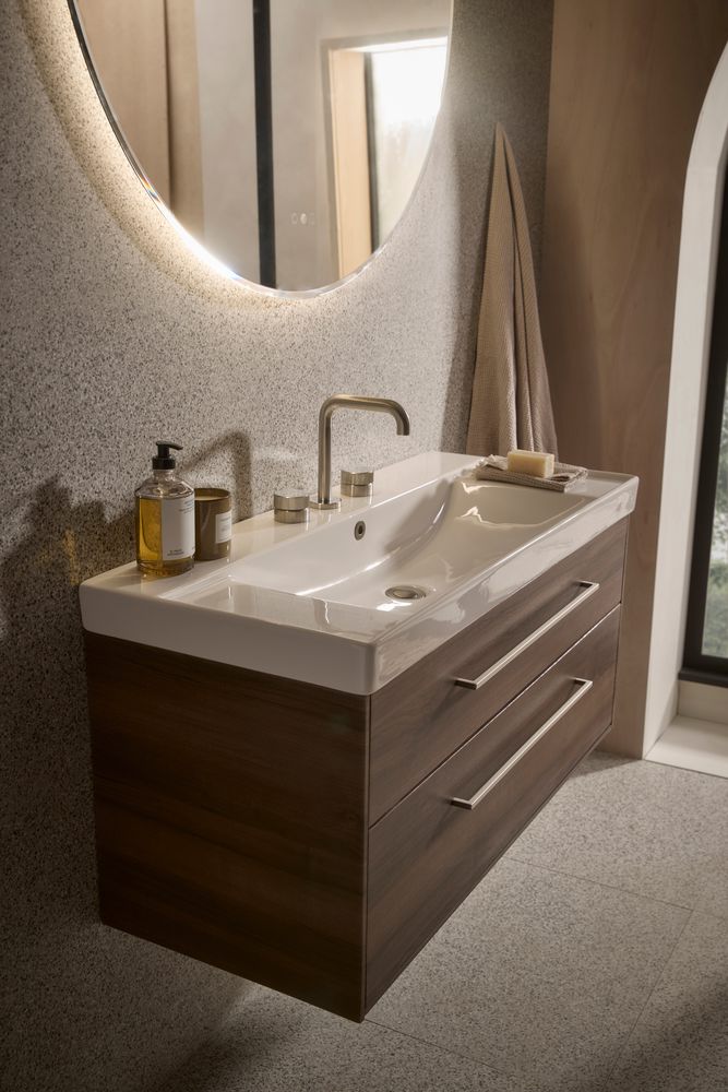 Faber 800 Wall Mounted Unit Tuscan Walnut Lifestyle slide image Faber 800 Wall Mounted Unit Tuscan Walnut Lifestyle slide image