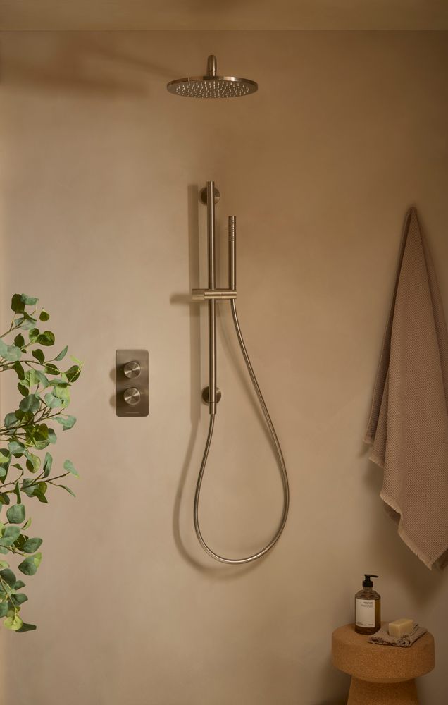 Faber Brushed Nickel Duel Function Overhead Shower Lifestyle 2 slide image Faber Brushed Nickel Duel Function Overhead Shower Lifestyle 2 slide image