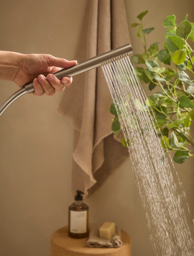 Faber Brushed Nickel Shower Handset Detail Lifestyle slide image Faber Brushed Nickel Shower Handset Detail Lifestyle slide image
