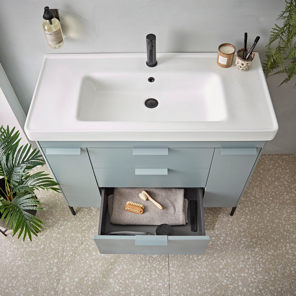 Fairmont Matt Agave 1000 Basin Unit Bottom Drawer Open Lifestyle copy slide image Fairmont Matt Agave 1000 Basin Unit Bottom Drawer Open Lifestyle copy slide image