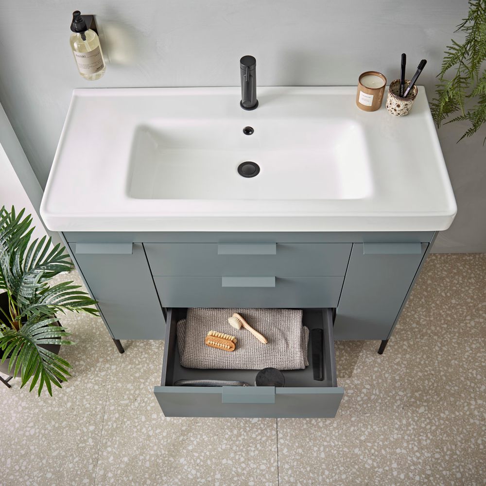 Fairmont Matt Agave 1000 Basin Unit Bottom Drawer Open Lifestyle slide image Fairmont Matt Agave 1000 Basin Unit Bottom Drawer Open Lifestyle slide image