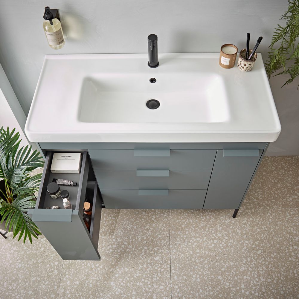 Fairmont Matt Agave 1000 Basin Unit Left Drawer Open Lifestyle slide image Fairmont Matt Agave 1000 Basin Unit Left Drawer Open Lifestyle slide image