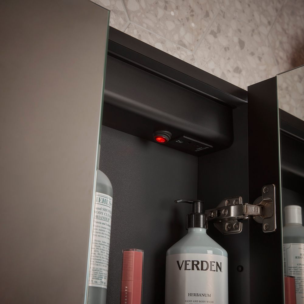 Flow Mirrored Cabinet Open power on detail Lifestyle slide image Flow Mirrored Cabinet Open power on detail Lifestyle slide image