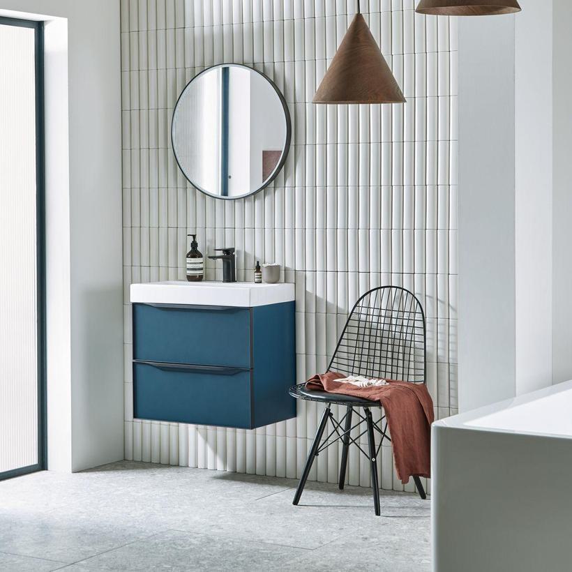 Frame 600 Wall Mounted Bathroom Unit in Oxford Blue - Lifestyle