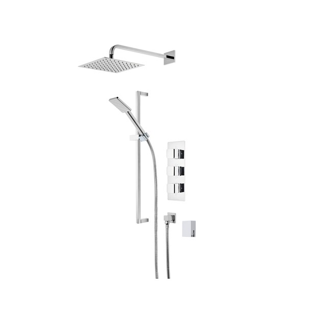 chrome shower system with fixed showerhead, handset and concealed shower valve