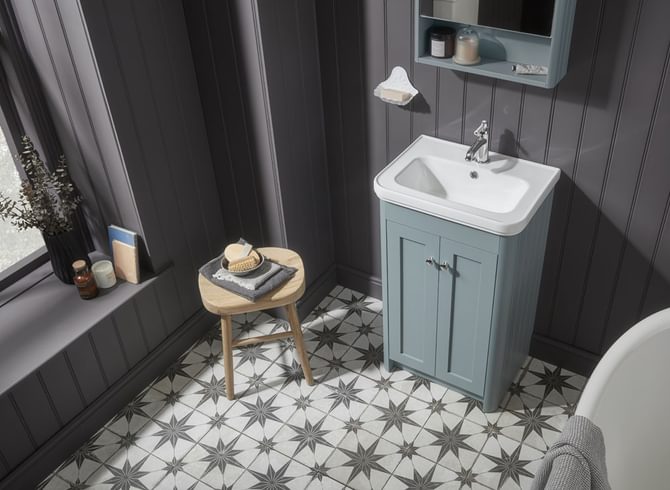 Halcyon 500 Freestanding Unit Powder blue ISO Lifestyle Halcyon 500 Freestanding Unit Powder blue ISO Lifestyle