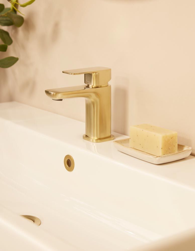 Haze Basin Mixer brushed brass Lifestyle 1 slide image Haze Basin Mixer brushed brass Lifestyle 1 slide image