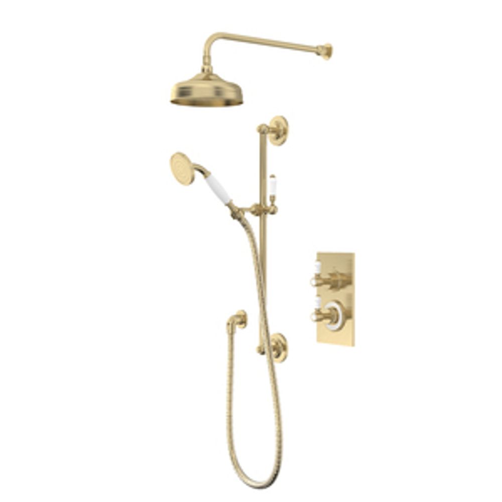 Keswick Dual Function Concealed Shower System With Riser And Arm Timeless Brushed Brass 1065267 slide image Keswick Dual Function Concealed Shower System With Riser And Arm Timeless Brushed Brass 1065267 slide image
