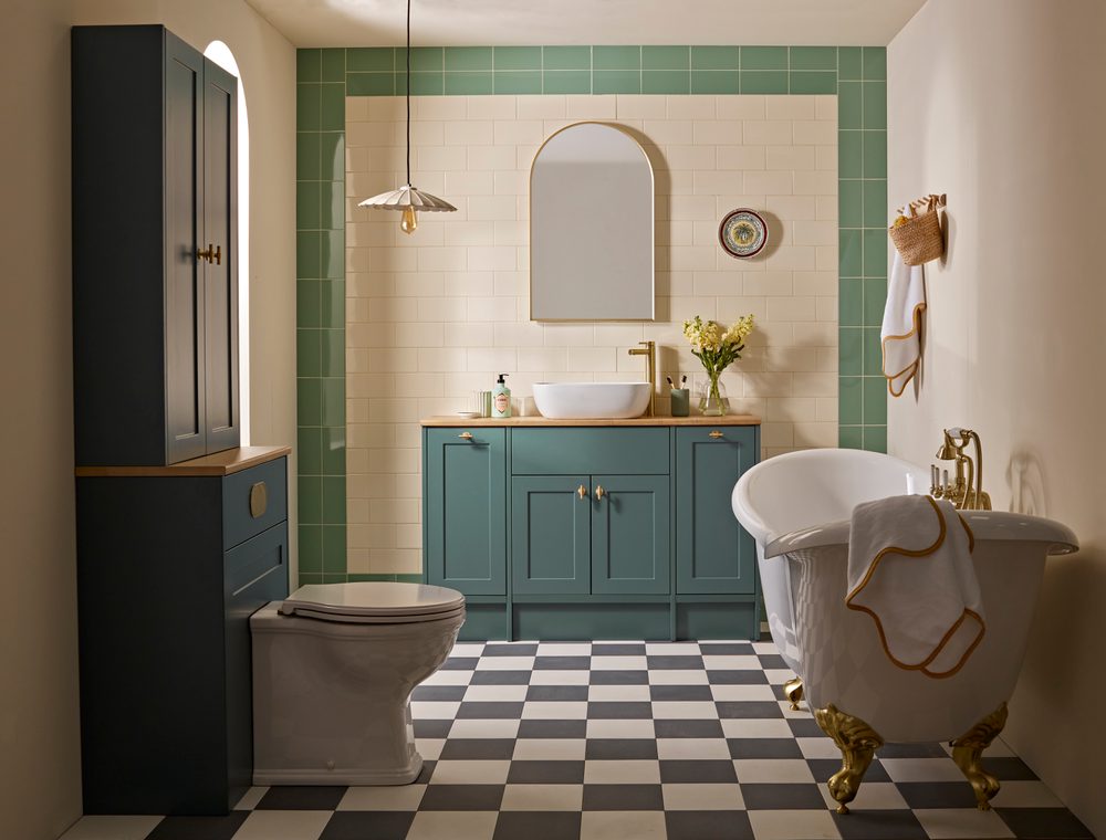 Legacy in Matt Viridian Green with a countertop basin and laminate worktop in Natural Oak