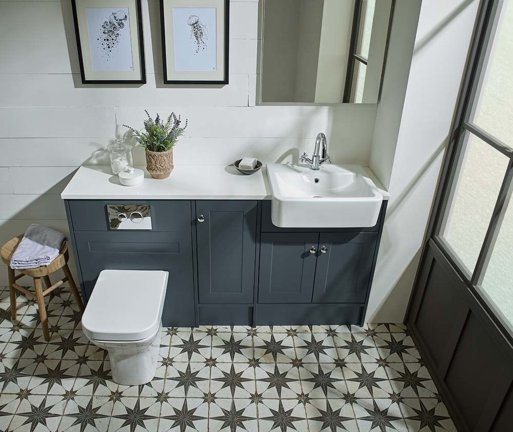 Legacy in Matt Dark Grey with an integrated basin and worktop slide image Legacy in Matt Dark Grey with an integrated basin and worktop slide image