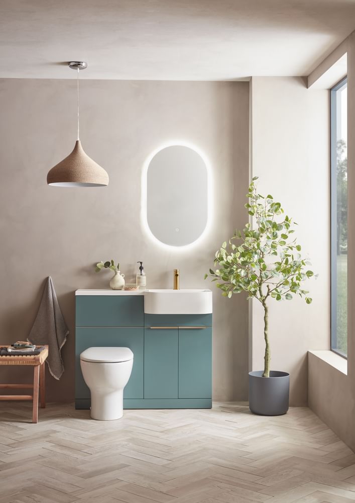 Match 1000mm RH Viridian Green with Beta Pill mirror brass handles slide image Match 1000mm RH Viridian Green with Beta Pill mirror brass handles slide image