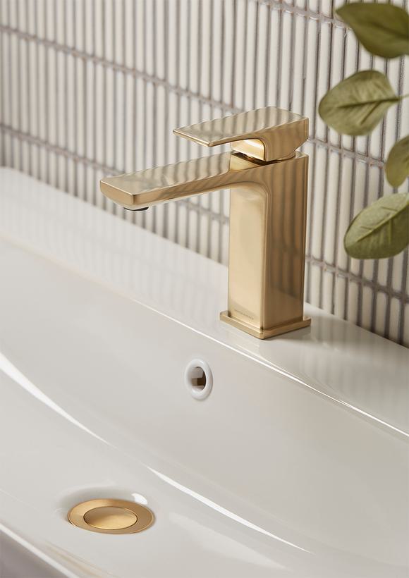 Metric Brushed Brass Basin Mixer Tap with Brass Waste Lifestyle