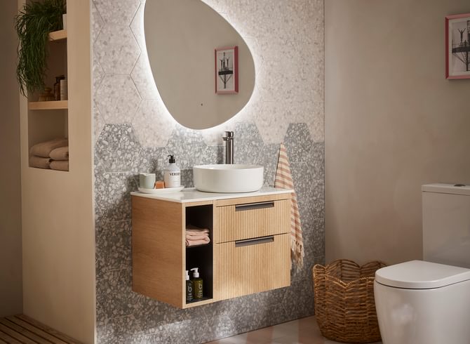 Platform 700mm Oak Fluted Iso Lifestyle Platform 700mm Oak Fluted Iso Lifestyle