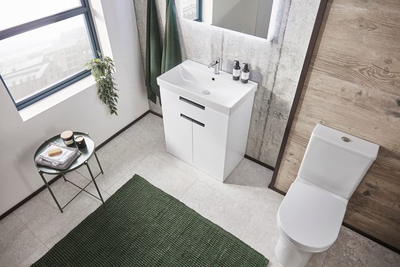 Platform 700mm freestanding gloss white top down lifestyle Platform 700mm freestanding gloss white top down lifestyle