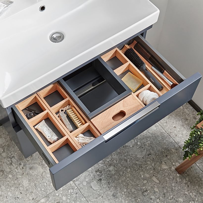 Platform midnight grey 700mm wallmounted drawer open lifestyle Platform midnight grey 700mm wallmounted drawer open lifestyle