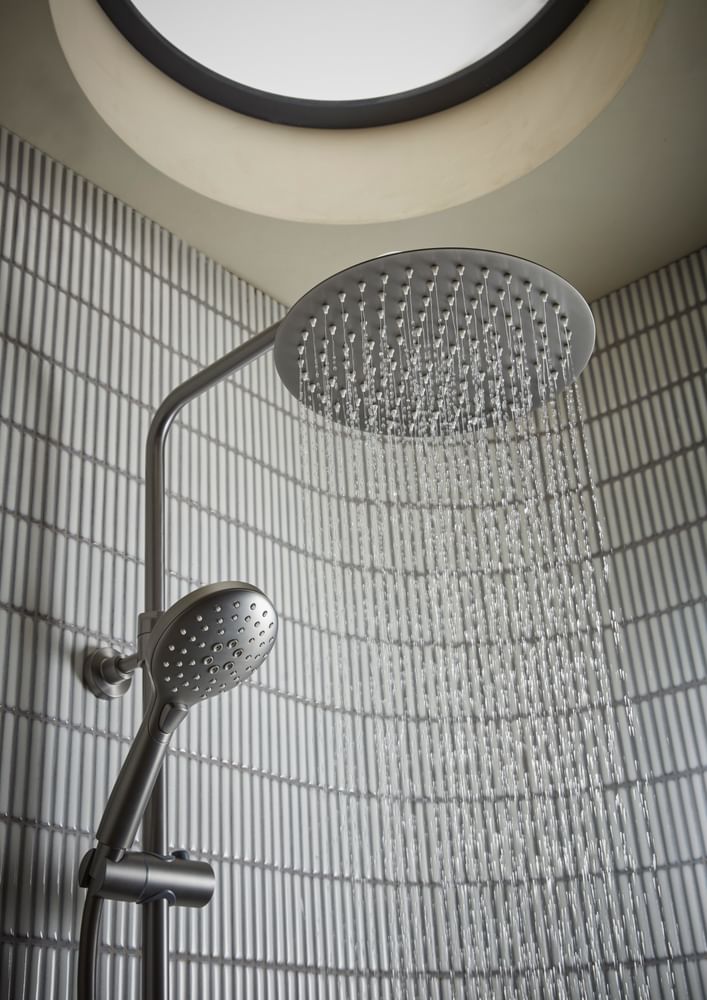 Quantum Shower Head and Handset Detail Water On Gunmetal Lifestyle slide image Quantum Shower Head and Handset Detail Water On Gunmetal Lifestyle slide image