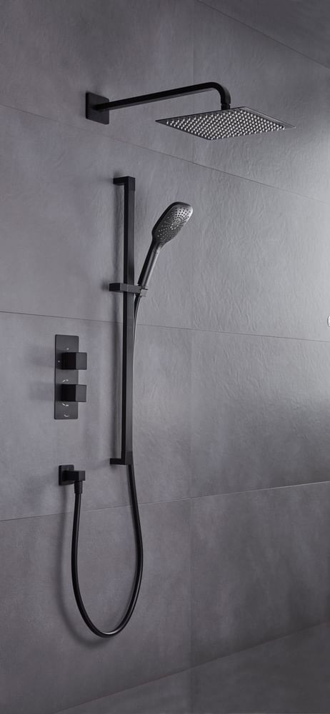 Recite Black shower system water off lifestyle slide image Recite Black shower system water off lifestyle slide image