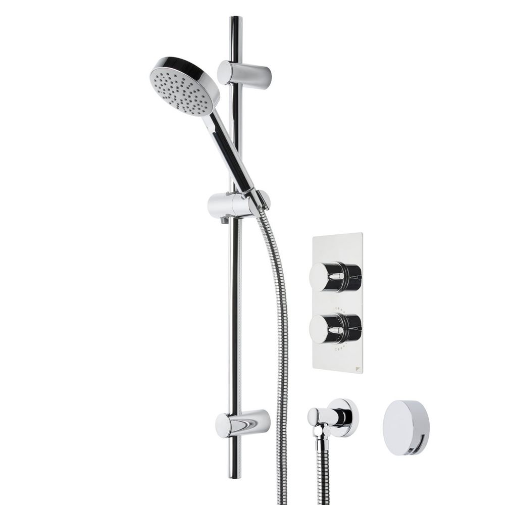 modern chrome shower handset, riser rail and concealed shower valve slide image
