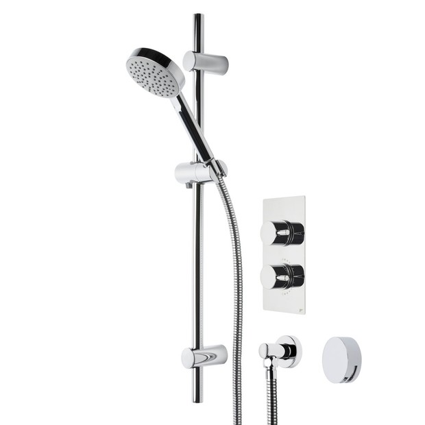 modern chrome shower handset, riser rail and concealed shower valve