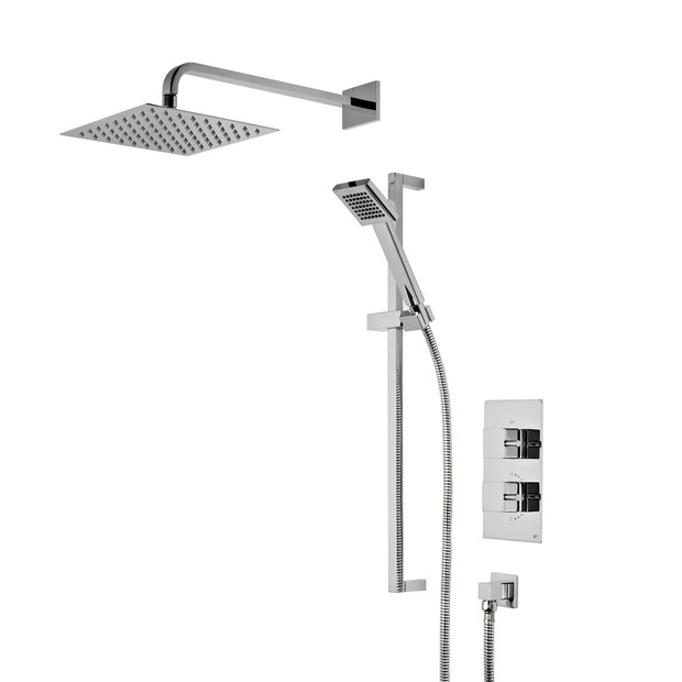 chrome shower system with fixed showerhead, handset and triple function concealed shower valve
