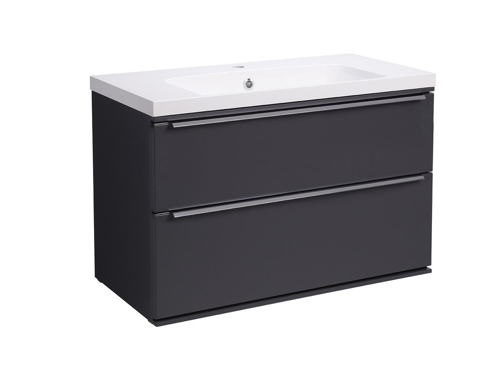 slate grey wall mounted double drawer bathroom vanity unit slide image