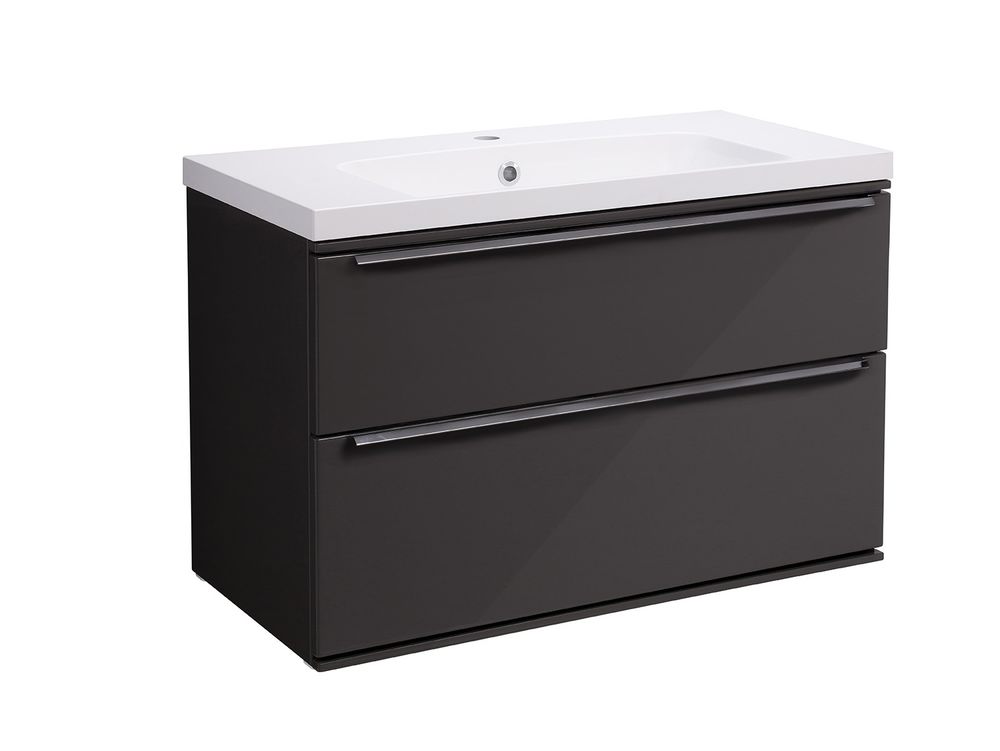 800 wall mounted dark grey double drawer bathroom vanity unit slide image