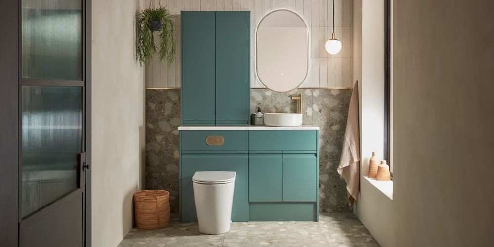 Scribe in Matt Viridian Green with a countertop basin slide image Scribe in Matt Viridian Green with a countertop basin slide image