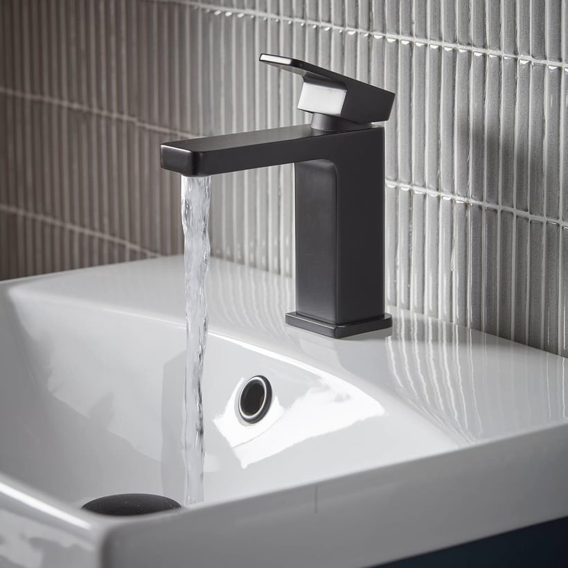 Serve Black Basin Mixer Water On Lifestyle Serve Black Basin Mixer Water On Lifestyle