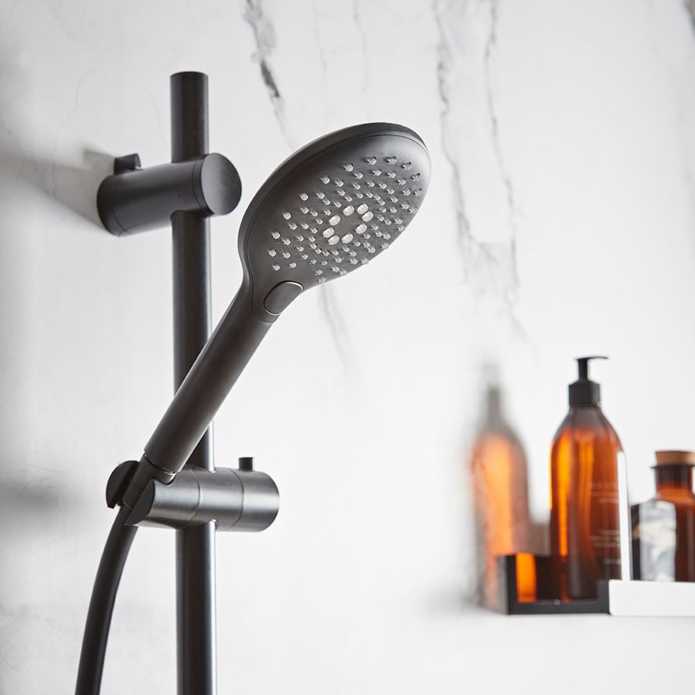 Tav Merit 2 F Black shower handset detail slide image Tav Merit 2 F Black shower handset detail slide image
