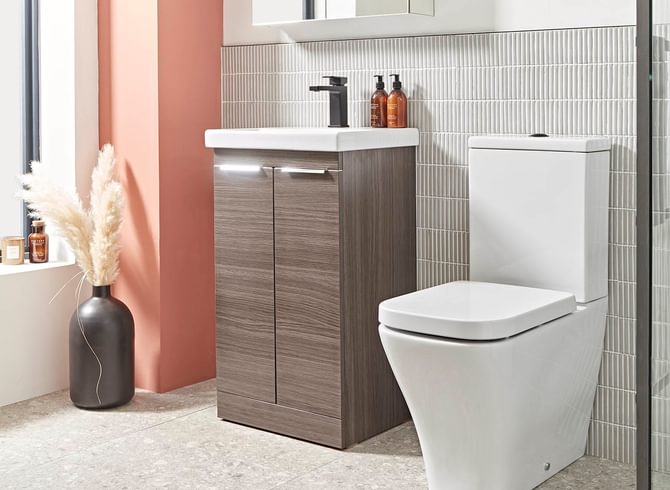 Type 500mm basalt freestanding unit with Serenity close coupled lifestyle Type 500mm basalt freestanding unit with Serenity close coupled lifestyle