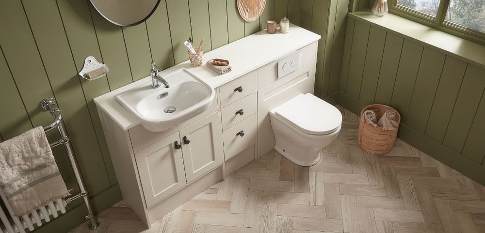 Legacy in Matt Flax with a semi-countertop basin and solid surface worktop in Arctic White slide image Legacy in Matt Flax with a semi-countertop basin and solid surface worktop in Arctic White slide image