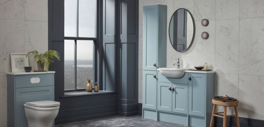 Legacy in Matt Mineral Blue with semi-countertop basin and solid surface worktop in Arctic White slide image Legacy in Matt Mineral Blue with semi-countertop basin and solid surface worktop in Arctic White slide image